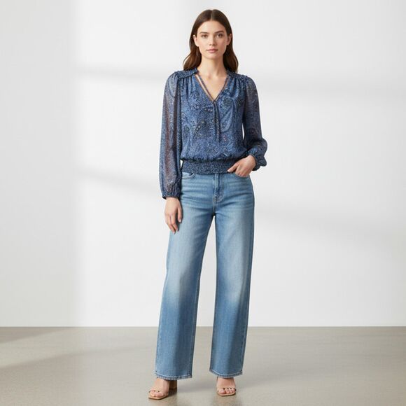 Lucky Brand Paisley Blue Print Sheer Long Sleeve Boho Top Size M - Picture 1 of 13